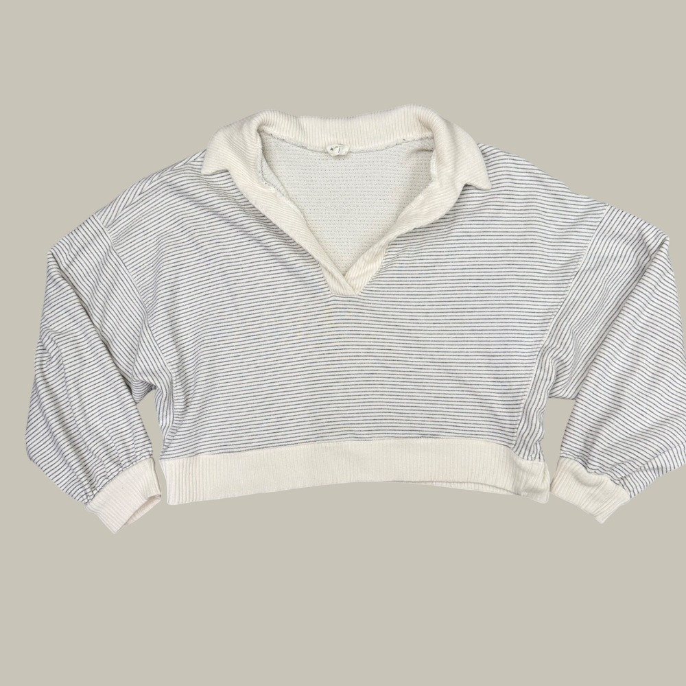 By Together Striped Collared Sweatshirt Cropped V-Neck Size M Coastal Pullover - Picture 14 of 15